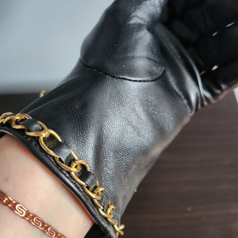 Black Quilted Gloves with Gold Chain Detail